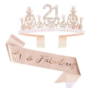 21 & Fabulous Crown and Sash in Rose Gold Glitter